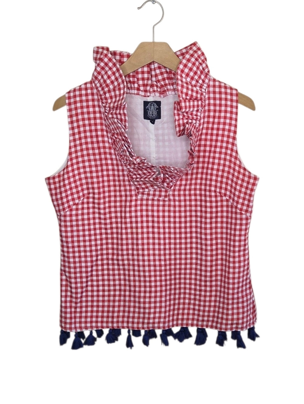 Elizabeth Wilson Red White Gingham Check Ruffle Tank with Navy Tassel Hem Medium